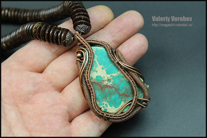 The pendant is made of wire the stone is variscite Handmade copper jewelry. Wire wrapped pendant