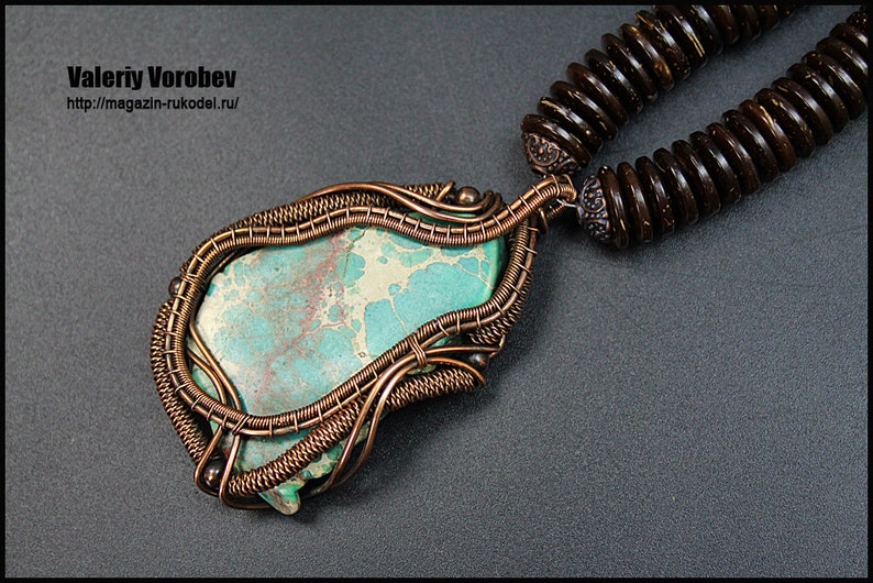 The pendant is made of wire the stone is variscite Handmade copper jewelry. Wire wrapped pendant