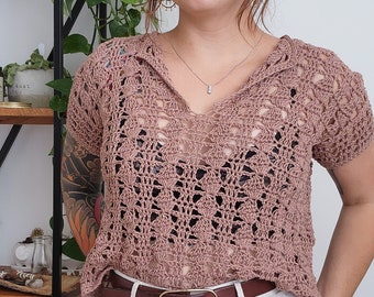 Crochet Top PATTERN // São Miguel // Adjustable Lacy Openwork Collared Blouse Tee Beach Cover Up Crochet Pattern