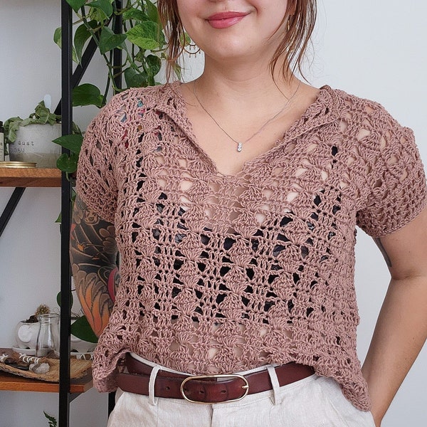 PATRÓN Top de Ganchillo // São Miguel // Blusa con cuello calado de encaje ajustable, camiseta, patrón de crochet para cubrir la playa