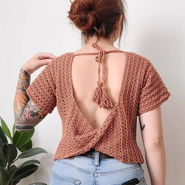 Crochet Top PATTERN // Coffee Date // Adjustable  Twist Open Back Crochet Tee Novice Crochet Pattern for ANY SIZE