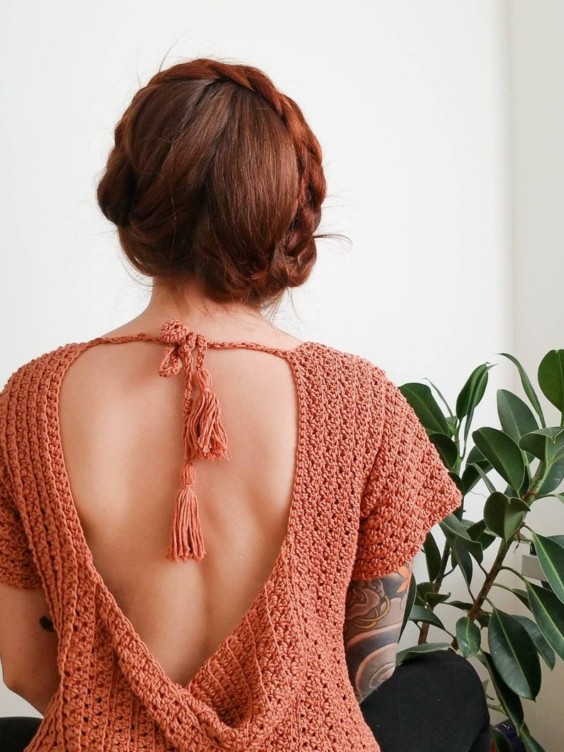 Crochet Top PATTERN // Coffee Date // Adjustable Twist Open Back Crochet Tee Novice Crochet Pattern for ANY SIZE image 6