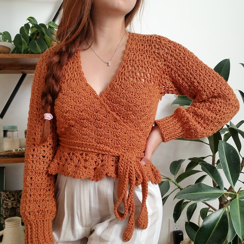 Crochet Top Pattern // Foxglove // Adjustable Size Inclusive Lacy Crochet Peplum Wrap Top Cardigan for ANY SIZE image 1