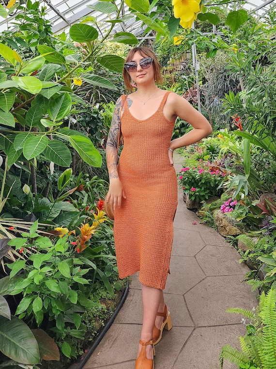 white christmas dresses SHANTI Burnt Orange Crochet Net Dress – OOTO CLOTHING main image 1