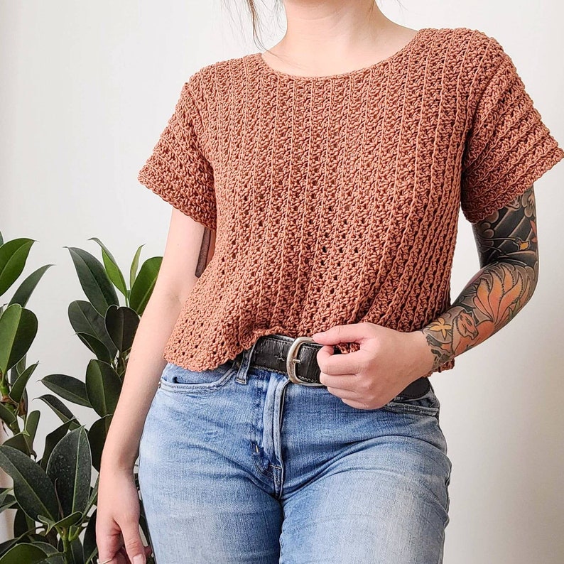 Crochet Top PATTERN // Coffee Date // Adjustable Twist Open Back Crochet Tee Novice Crochet Pattern for ANY SIZE image 2