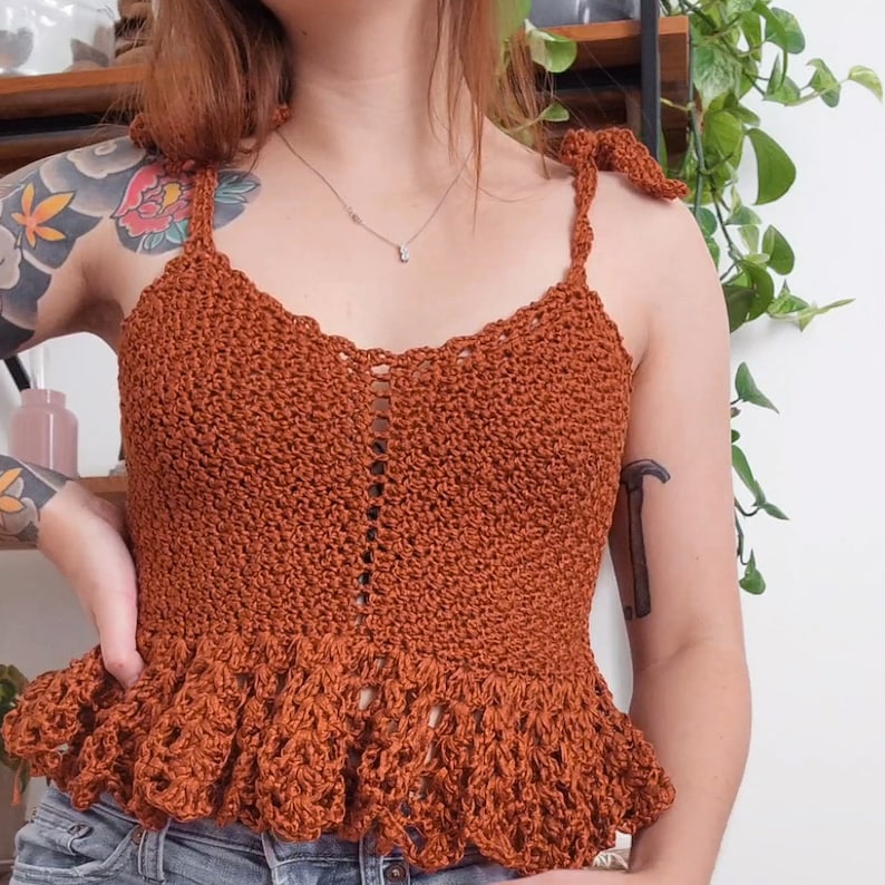 Crochet Top PATTERN // Sofi // Adjustable Cottagecore Flirty Babydoll Y2K Tie Shoulder Lacy Tank Top Crochet Pattern for ANY SIZE image 2