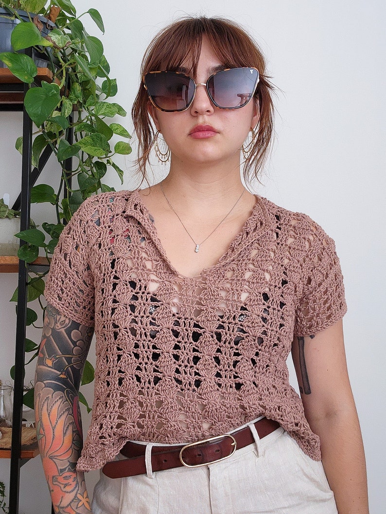 Gehaakte top patroon//São Miguel//verstelbaar kanten opengewerkte kraag blouse Tee Beach Cover Up haakpatroon afbeelding 9