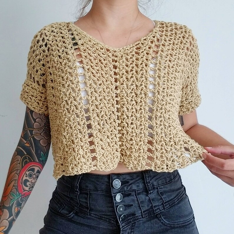 RTS Size S Equinox Tee Baby Wheat  Flowy Textured Cropped Crochet Box Tee