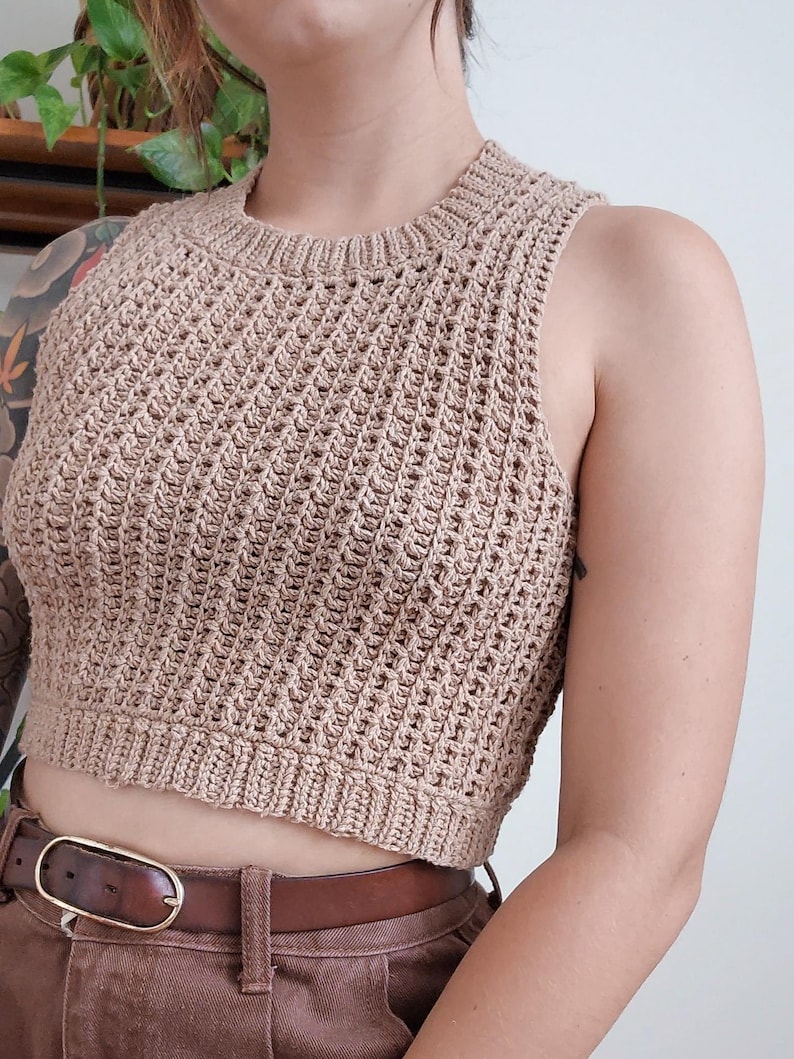 May include: A brown crochet tank top with a loose, open weave. The top is sleeveless and has a round neckline. It is cropped and hits just above the waist.
