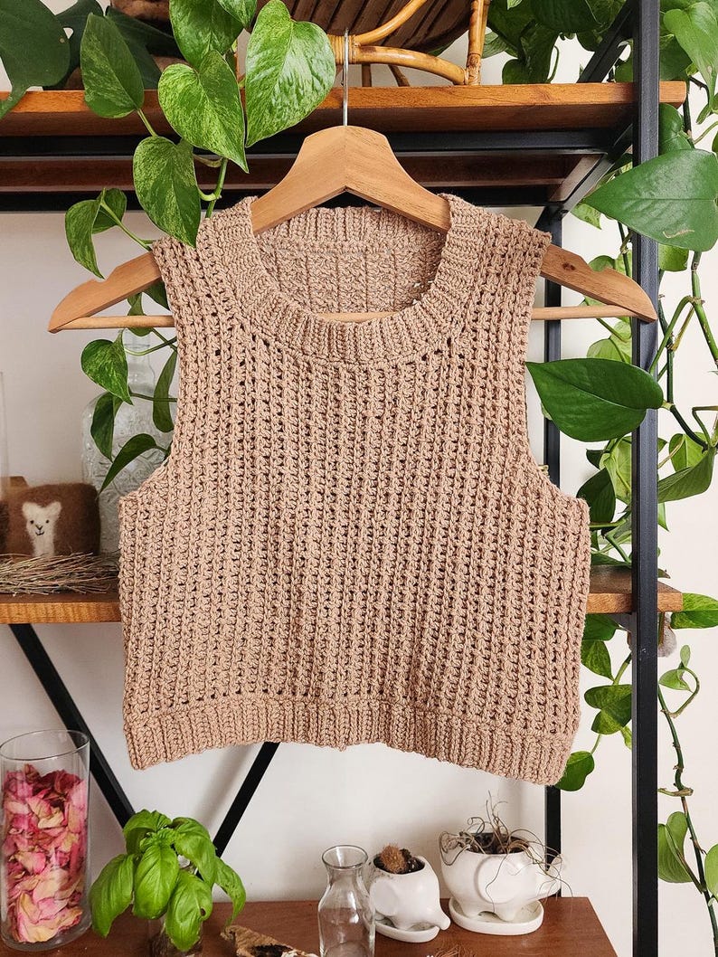May include: A brown crocheted sleeveless top with a round neckline. The top is hanging on a wooden hanger against a wooden shelf with green plants.