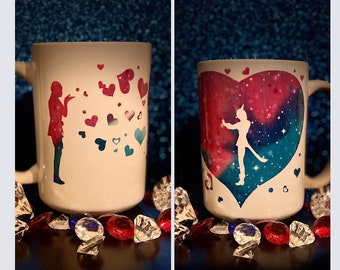 FFXIV Mug- FFXIV Love Inspired Blue and Pink Starry Sky Dote and Blush Emote Mug-15oz Mug-Silhouett-Dishwasher safe-Colorful-Ceramic