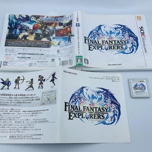 May include: A Nintendo 3DS game case and game cartridge for Final Fantasy Explorers. The case is white with the game title and a blue and white graphic. The game cartridge is gray with the game title.