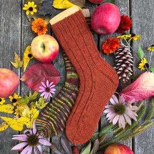 May include: An overhead shot of a pair of knitted socks in shades of orange and green, surrounded by fall foliage, apples, and flowers. The socks are displayed on a wooden surface, creating a rustic, autumnal theme.