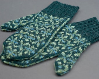 May include: A pair of green and blue knitted mittens with a geometric pattern.