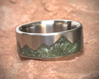 Green Jade Mountain Titanium Ring, Handmade Inlay