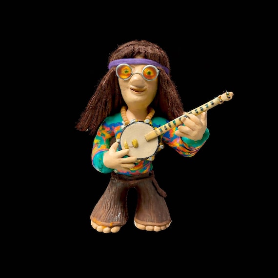 Hand Sculpted Hippie Dude Figurine, Colorful Boho Folk Art, Made in Canada