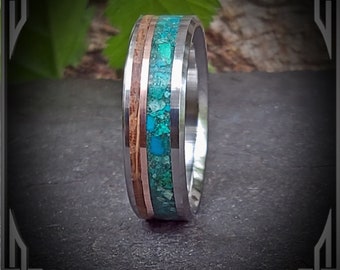Chrysocolla Sterling Silver Ring, Whisky Barrel Oak & Copper Inlay, Handmade in Canada