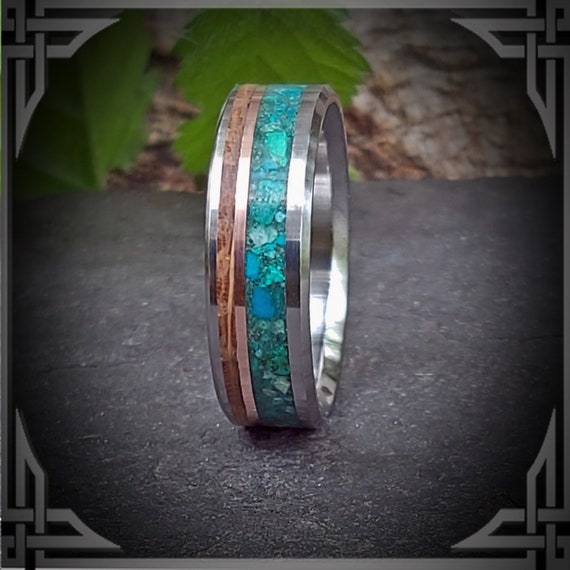 Chrysocolla, Oak Whiskey Barrel and Copper in Titanium. Jewelry, Any Occasion. Men's Wedding Bands, Wedding Rings