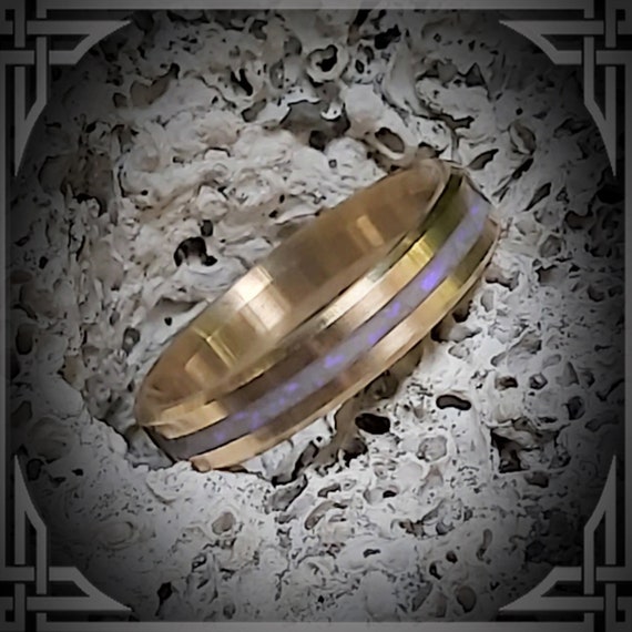 Australian Opal inlay in 14 K hand cast Gold, Custom Jewelry, Made in Canada