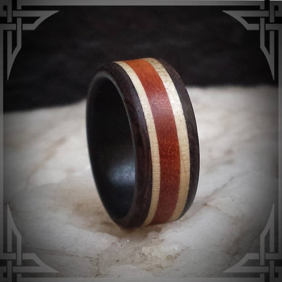 Paella, Maple and Rose Wood on Carbon Fiber.  Jewelry, Any Occasion. Men's Wedding Bands, Wedding Rings