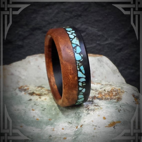 Amboyna Burl, Ebony Wood inner core with Sleeping Beauty Turquoise Inlay in black. Jewelry, Any Occasion, Wedding Band