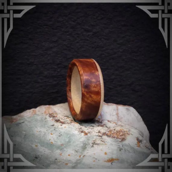 Handmade Maple Burl Wood Ring: Carbon Fiber Core Wedding Band
