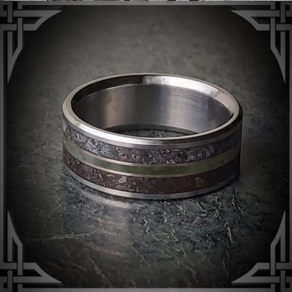 Meteorite, Green Jade & Fossilized Dino Bone in Titanium. Jewelry, Any Occasion. Men's Wedding Bands, Wedding Rings