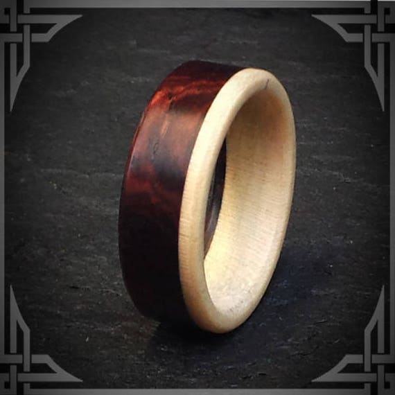 Cocobolo with Eastern Maple Wood and Carbon Fiber. Unique Handmade Jewelry Men's Wedding Bands, Wedding Rings