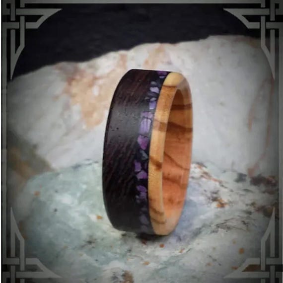 Handmade Wendge Wood Ring: Olive Wood Core, Violet Jade Inlay