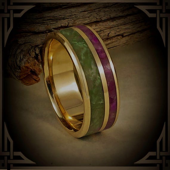 Jade Inlay 14K Gold Wedding Band: Green & Violet Stone Ring