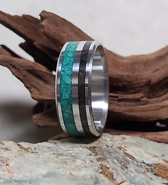 Meteorite and Turquoise Inlay, in Titanium. Jewelry, Any Occasion. Men's Wedding Bands, Wedding Rings