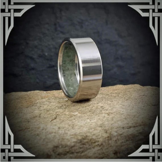Green Jade inside Titanium. Jewelry, Any Occasion. Men's Wedding Bands, Wedding Rings