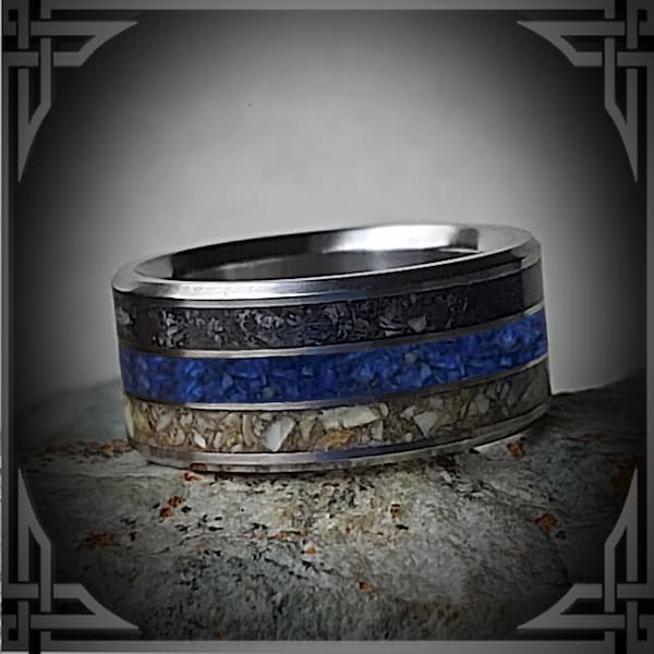 Lapis Lazuli, Fossilized Dino Bone & Dinosaur Bone in Titanium. Handmade Jewelry, Any Occasion. Men's Wedding Bands, Wedding Rings