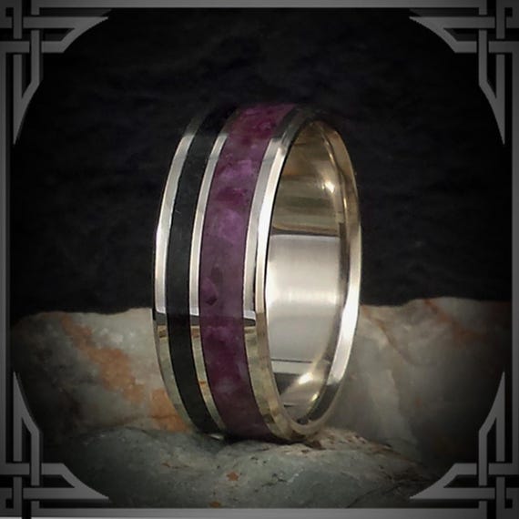 Black & Violet Jade Inlay in a 14K White Gold Ring, Made in Canada