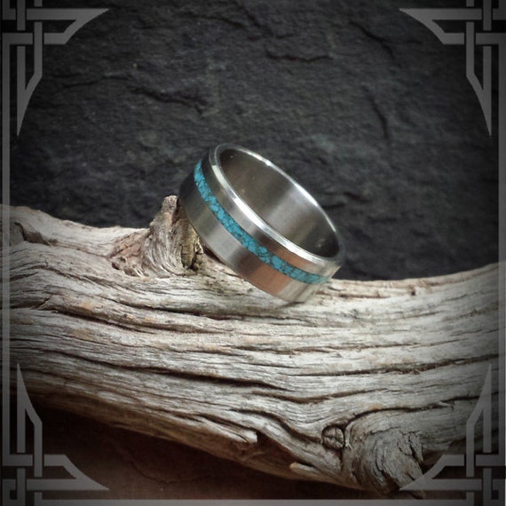 Titanium Ring with a Sleeping Beauty Turquoise Narrow Off Centered Inlay.  Personalized Gift