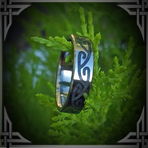 Green Jade Maori Koru in Titanium. Jewelry, Any Occasion. Men's Wedding Bands, Wedding Rings