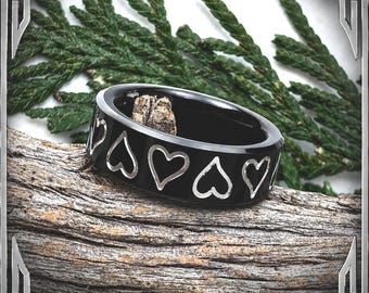 Black Titanium Band with engraved Hearts. Jewelry, Any Occasion, Made in Canada