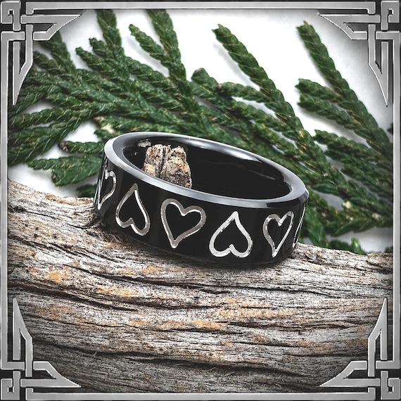 Black Titanium Band with engraved Hearts. Jewelry, Any Occasion, Made in Canada