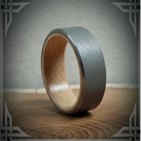 Sand Blasted Titanium Ring, Maple Wood Core