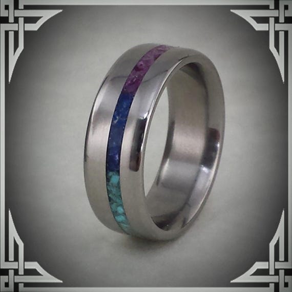 Titanium Ring with Rainbow Chakra Stone Inlay, Jewelry, Any Occasion. Made in Canada