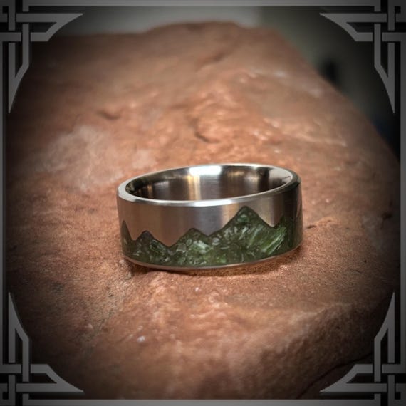 Green Jade Mountain Titanium Ring, Handmade Inlay