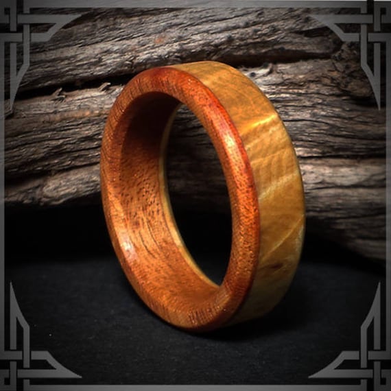 Yellow Birdseye Cedar, Paela Wood and Carbon Fiber. Wedding Bands. Unique Handmade Jewelry Men's Wedding Bands, Wedding Rings