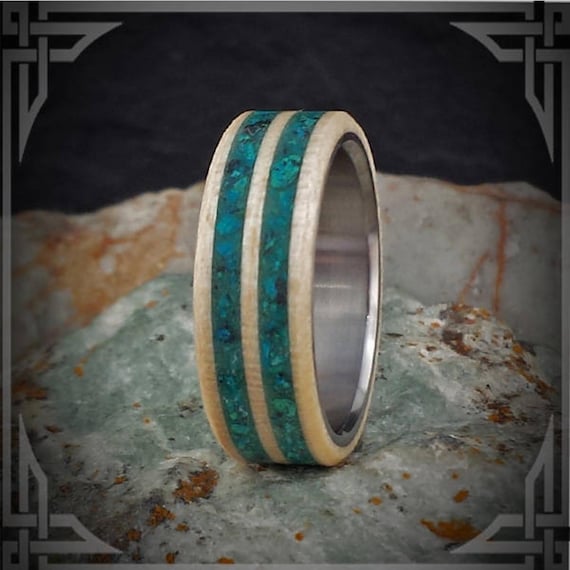 Chrysocolla Ring, Maple Wood Inlay, Titanium Core