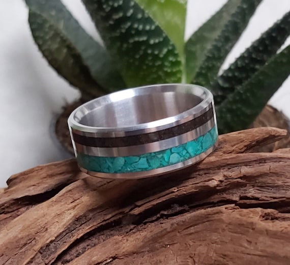 Meteorite & Turquoise Inlay in Sterling Silver. Handmade Jewelry, Any Occasion. Men's Wedding Bands, Wedding Rings