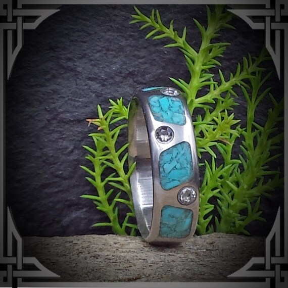 Titanium Ring, Turquoise Inlay, White Sapphire Accents