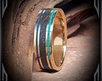 14K Gold Band with a Turquoise, Meteorite & Lapis Lazuli Inlay, Custom Jewelry, Made in Canada