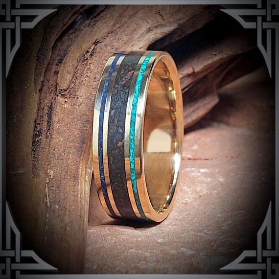 14K Gold Band with a Turquoise, Meteorite & Lapis Lazuli Inlay, Custom Jewelry, Made in Canada