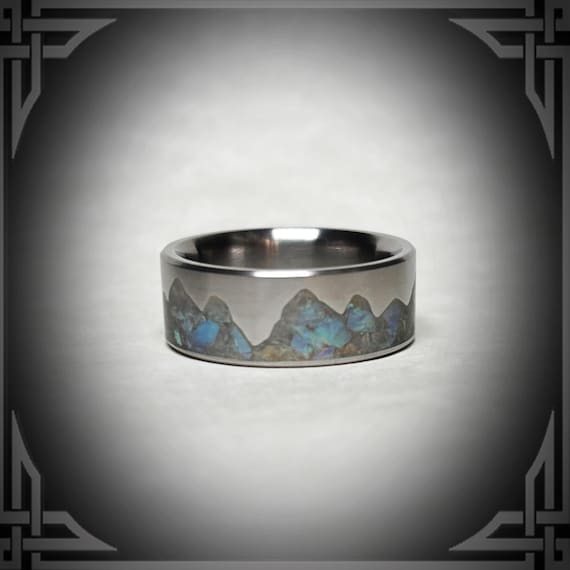 Australian Opal Titanium Ring, Mountain Inlay, Handmade Band