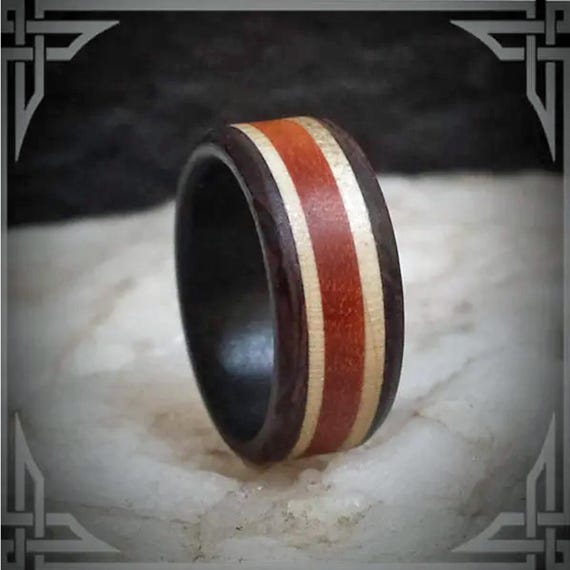 Wood Inlay Ring: Paella, Maple, Rosewood, Carbon Fiber Core