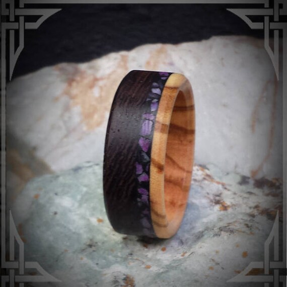 Wendge Wood, Bethlehem Olive Wood inner core with a Violet Jade Inlay in black and Carbon Fiber. Unique Handmade Jewelry